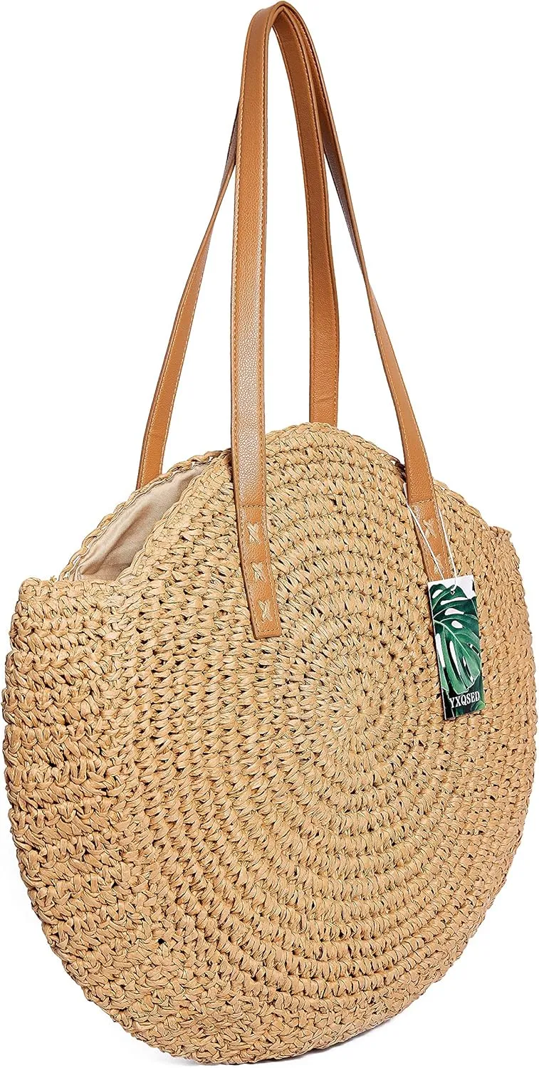 YXQSED Women's Woven Bag Round Summer Beach Bag Straw Shoulder Bags Handmade Shoulder Bags Large