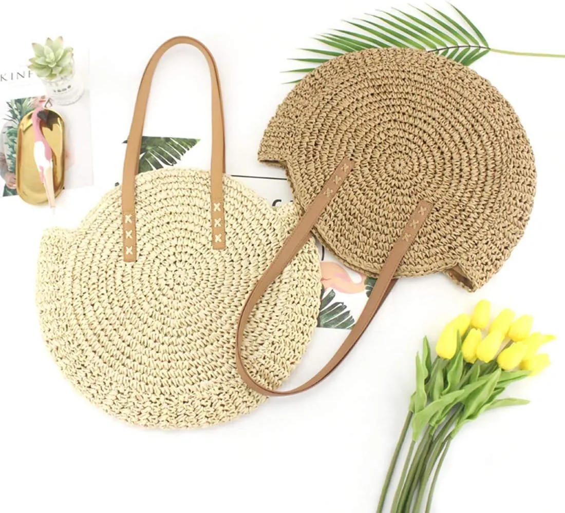YXQSED Women's Woven Bag Round Summer Beach Bag Straw Shoulder Bags Handmade Shoulder Bags Large